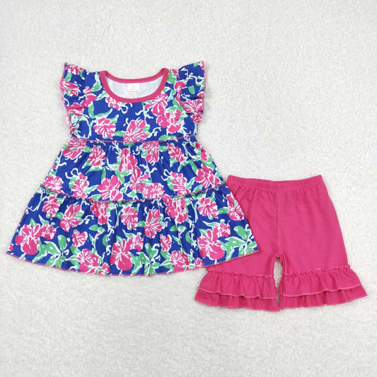 GSSO0613 Rose Red Flower Blue Flying Sleeve Ruffle Shorts Girls Sets RTS 202508