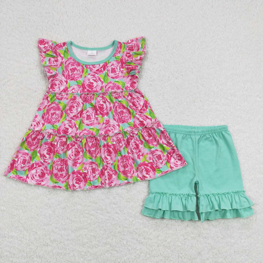 GSSO0615 Pink Flower Flying Sleeve Green Ruffle Shorts Girls Sets RTS 202507