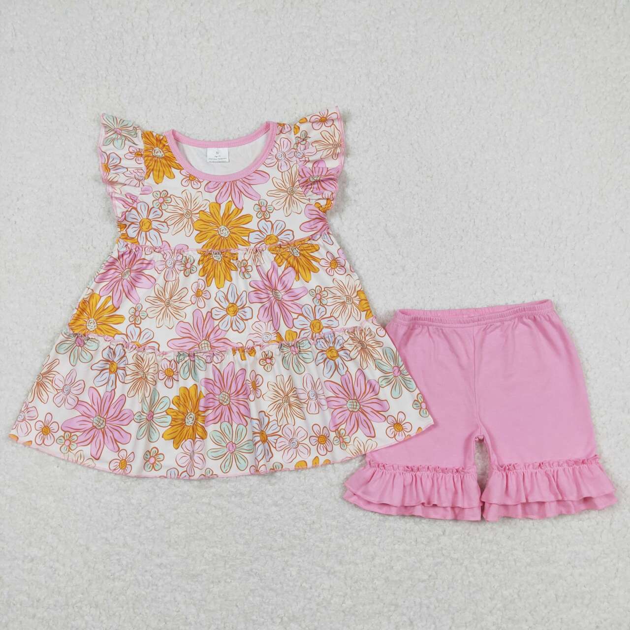GSSO0616 Flower Pink Flying Sleeve Ruffle Shorts Girls Sets RTS 202508