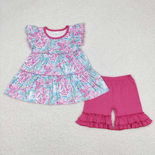GSSO0618 Flower Blue Pink Flying Sleeve Rose Red Ruffle Shorts Girls Sets RTS 202508