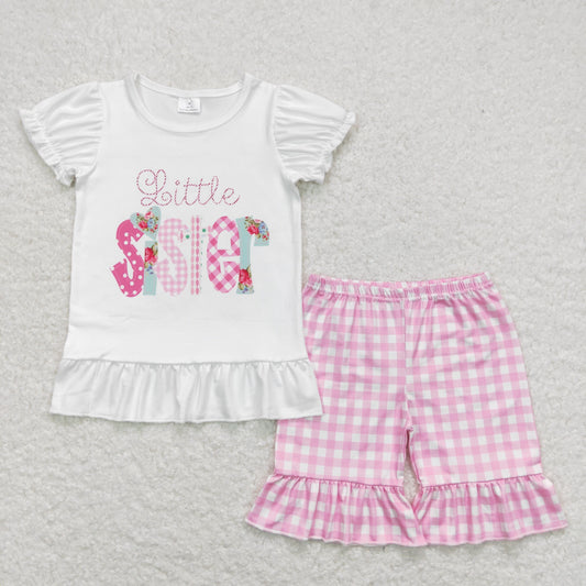 GSSO0621 Little Sister Letter White Ruffle Short Sleeve Pink Plaid Shorts Girls Sets RTS 202508