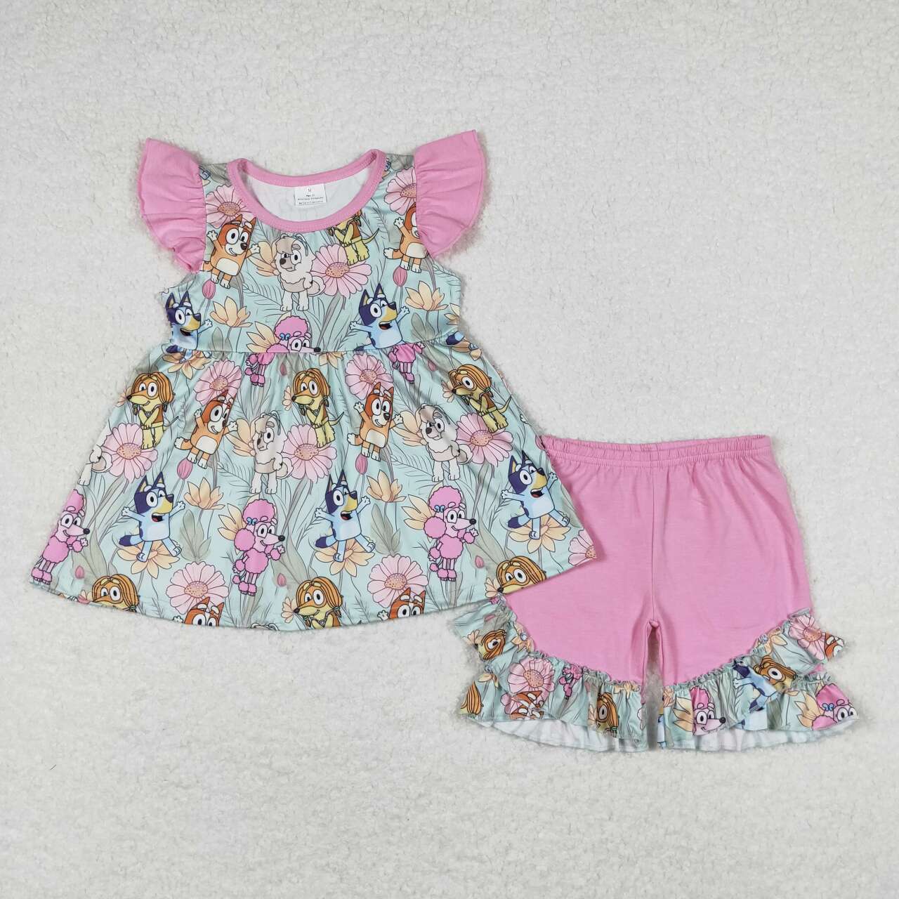 GSSO0624 Cartoon Bluey Pink Ruffle Flying Sleeve Shorts Girls Sets RTS 202508