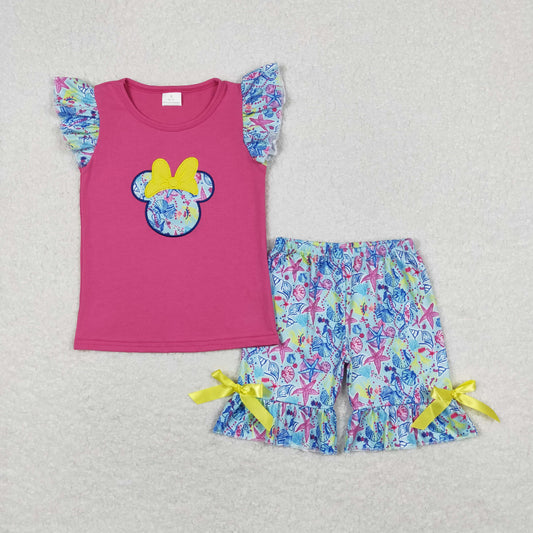 GSSO0629 Blue Rose Red Mickey Mouse Ruffled flying sleeveless top shorts set Girls clothing sets summer outfit RTS 202501
