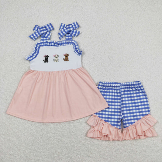 GSSO0630 Embroidery Puppy Summer Outfit Blue Plaid Orange Pink sleeveless top ruffle shorts Girls boutique outfit 202501