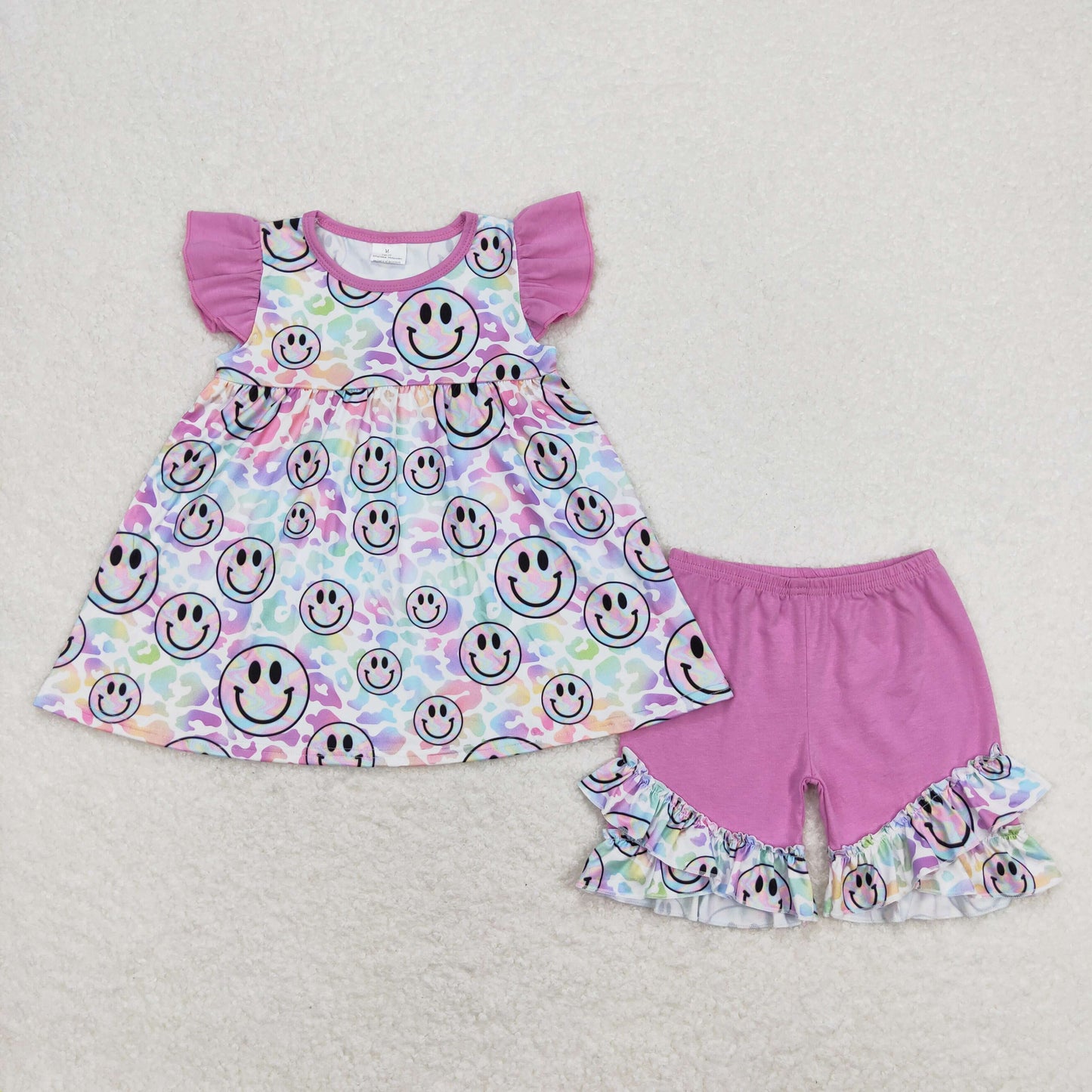 GSSO0631 smile face pattern purple pink tunic flying sleeve ruffle shorts girls clothing sets 20240410 RTS
