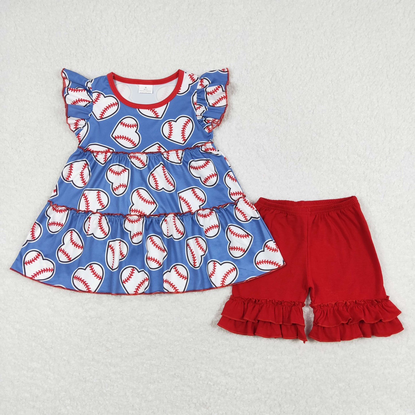 GSSO0634 baseball pattern blue tunic flying sleeve red ruffle shorts girls clothing sets 20240401 RTS