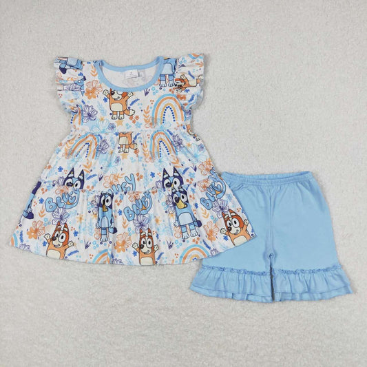 GSSO0635 Cartoon Bluey Blue Flying Sleeve Shorts Girls Sets RTS 202508
