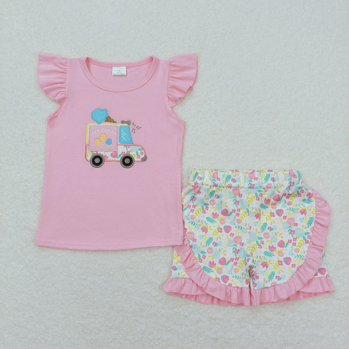 GSSO0644 Embroidered Ice Cream Pink Flying Sleeve Ruffle Shorts Girls Sets RTS 202508