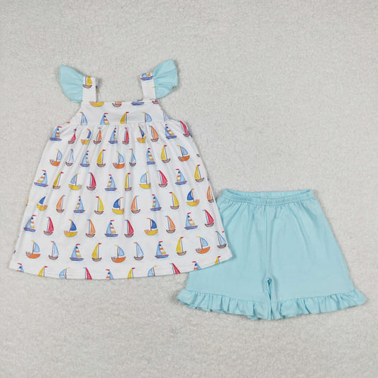 GSSO0645 Sailboat Blue Flying Sleeve Ruffle Shorts Girls Sets RTS 202508