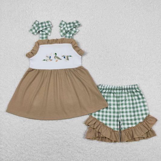 GSSO0653 Embroidered Duck Hunting Brown Ruffle Green Plaid Halter Shorts Girls Sets RTS 202508