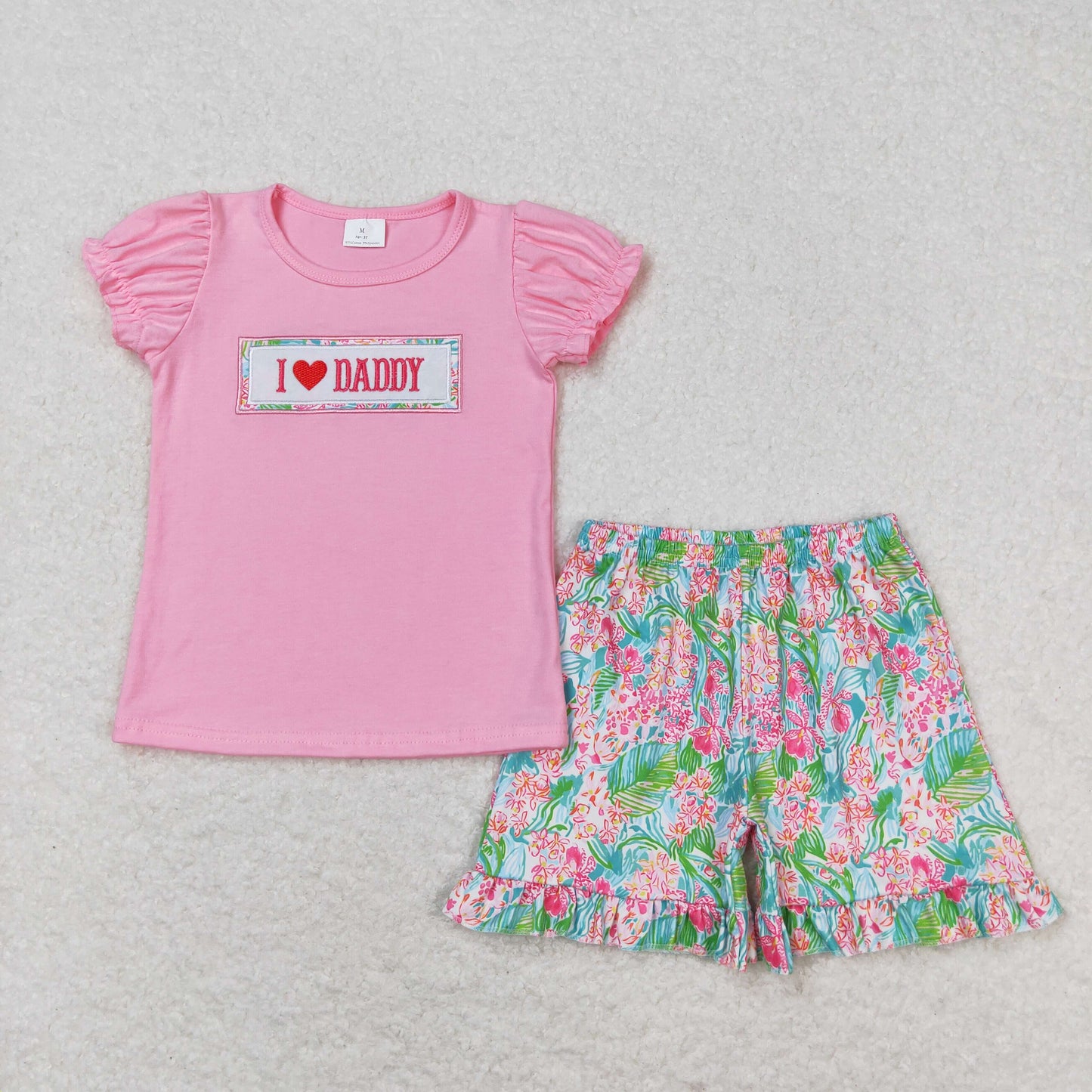 GSSO0658 Hot Pink Embroidered I love Daddy Short Sleeve top flower ruffle shorts Girls boutique summer outfit 202501