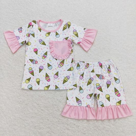 GSSO0667 Ice Cream Pink Ruffle Pocket White Short Sleeve Shorts Girls Pajama Set RTS 202508
