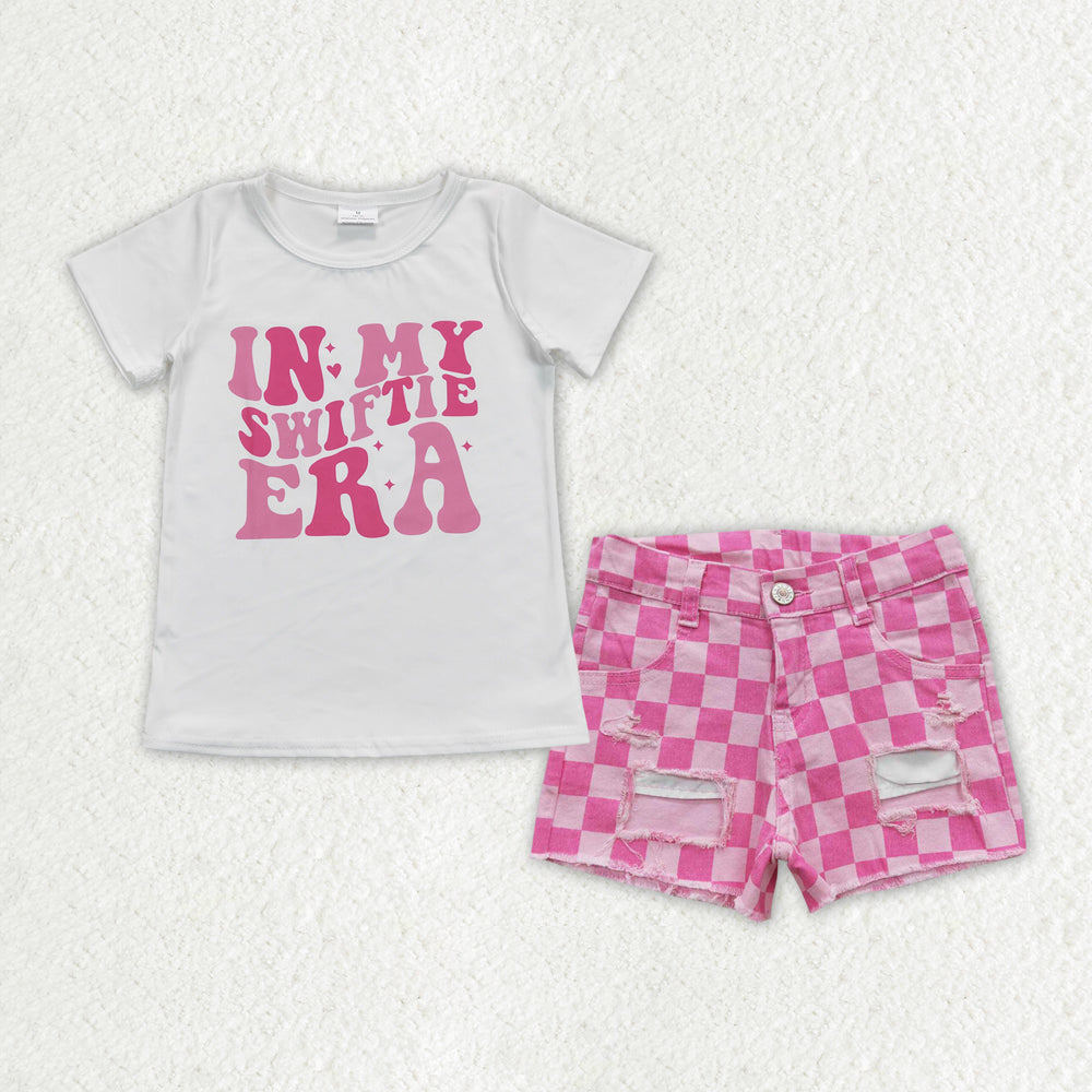 GSSO0671 2Pcs Pink Swift Era Top+ Denim Girls Short Sleeve Shorts Outfits