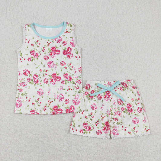 GSSO0674 Flower Blue Green O-Neck White Sleeveless Shorts Girls Sets RTS 202508