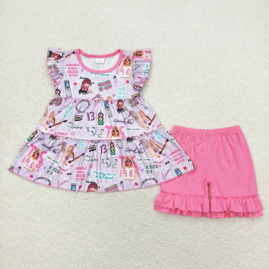 GSSO0676 taylor Purple Fly sleeve rose pink shorts set High quality