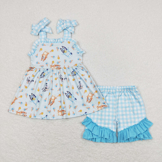 GSSO0683 Cartoon Bluey Blue Plaid Ruffle Sleeveless Shorts Sets Girls Boutique Clothes 20240409 RTS