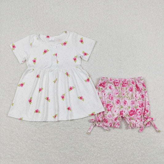 GSSO0684 Flower White Short Sleeve Pink Shorts Girls Sets RTS 202508