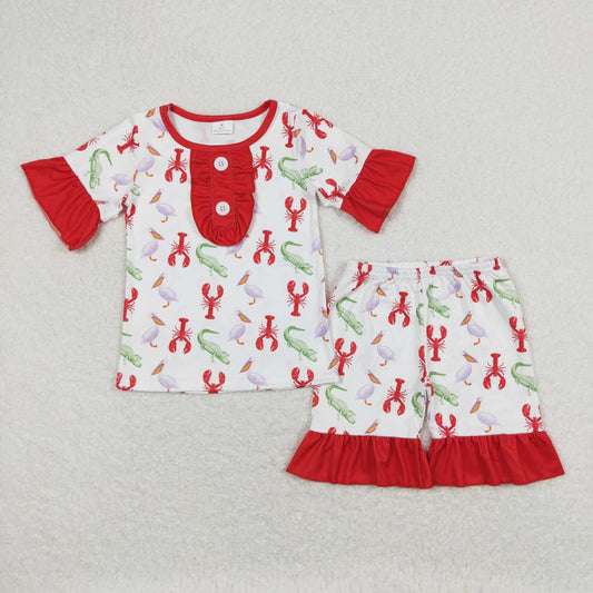 GSSO0689 Red Green Crayfish  Girls Short Sleeve Shorts Outfits RTS 202508