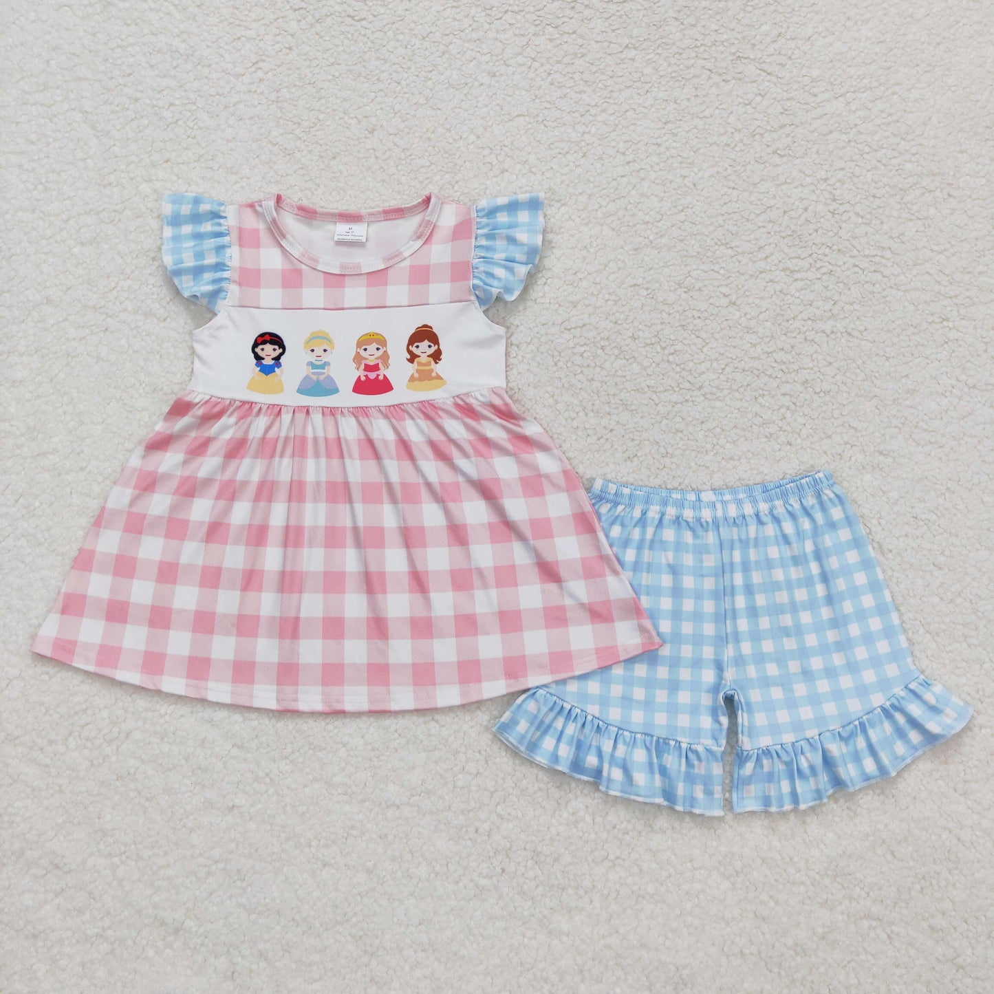 GSSO0692 Disney Princess Pink Blue Plaid Fly Sleeve Shorts Girls Set RTS 202508