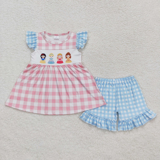 GSSO0692 Disney Princess Pink Blue Plaid Fly Sleeve Shorts Girls Set RTS 202508