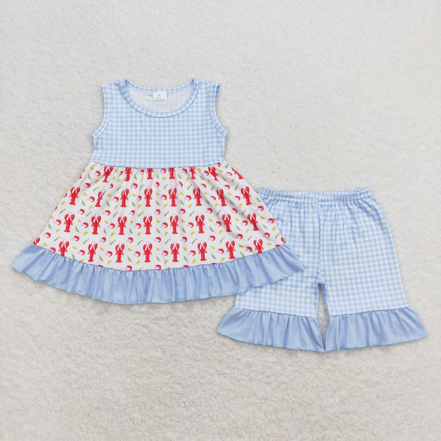 GSSO0698 red crawfish blue plaid ruffle tunic sleeveless shorts girls clothing sets 20240410 RTS