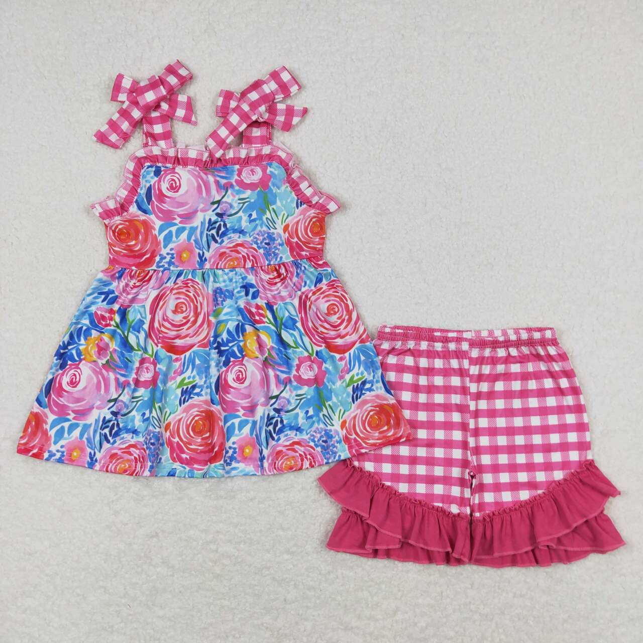 GSSO0700 rose red flower plaid ruffle sleeveless shorts sets boutique girls clothing 20240402 RTS