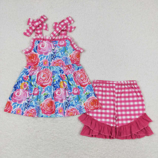 GSSO0700 rose red flower plaid ruffle sleeveless shorts sets boutique girls clothing 20240402 RTS