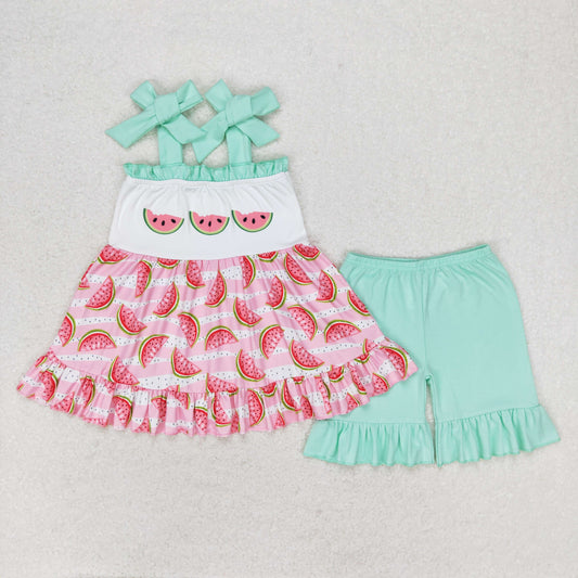 GSSO0709 Watermelon pink striped teal lace bow halter shorts set high quality girls clothing sets