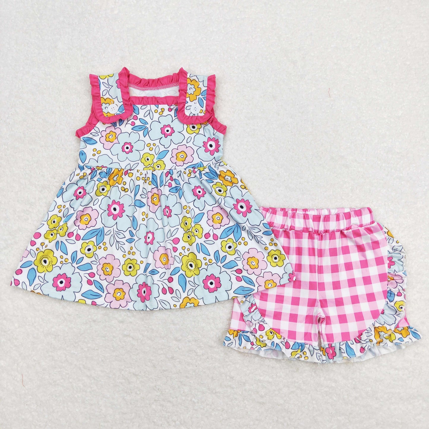 GSSO0711 Flower Rose Red Ruffle Sleeveless Plaid Shorts Sets Girls Boutique Outfit 20240411 RTS