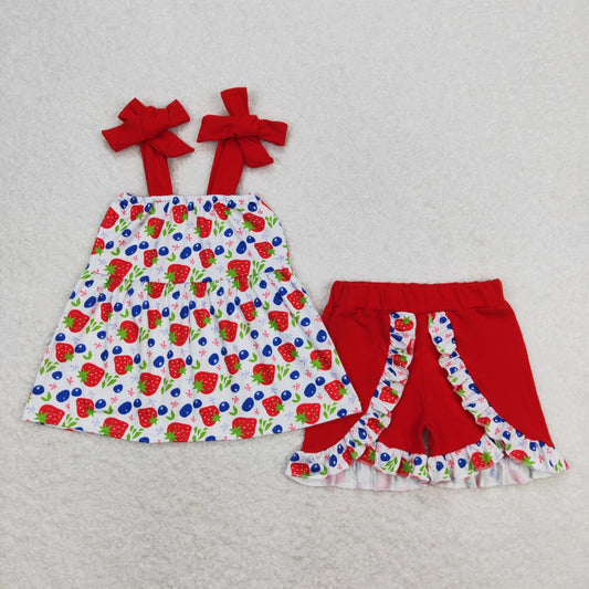 GSSO0712 Red Strawberry Blueberry Ruffle Halter Top Shorts Sets Girls Boutique Outfit 202404 RTS