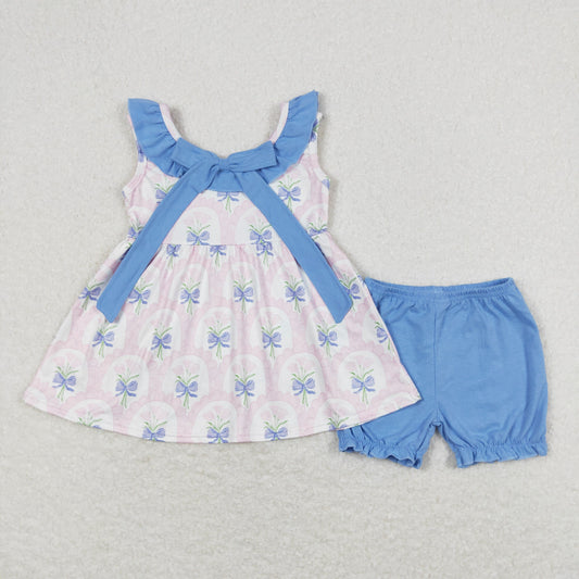 GSSO0723 Flower Bows Blue Ruffle Sleeveless Shorts Girls Sets RTS 202508