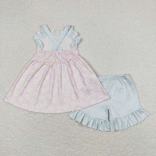 GSSO0724 Flower Plaid Ruffle Sleeveless Shorts Girls Sets RTS 202508