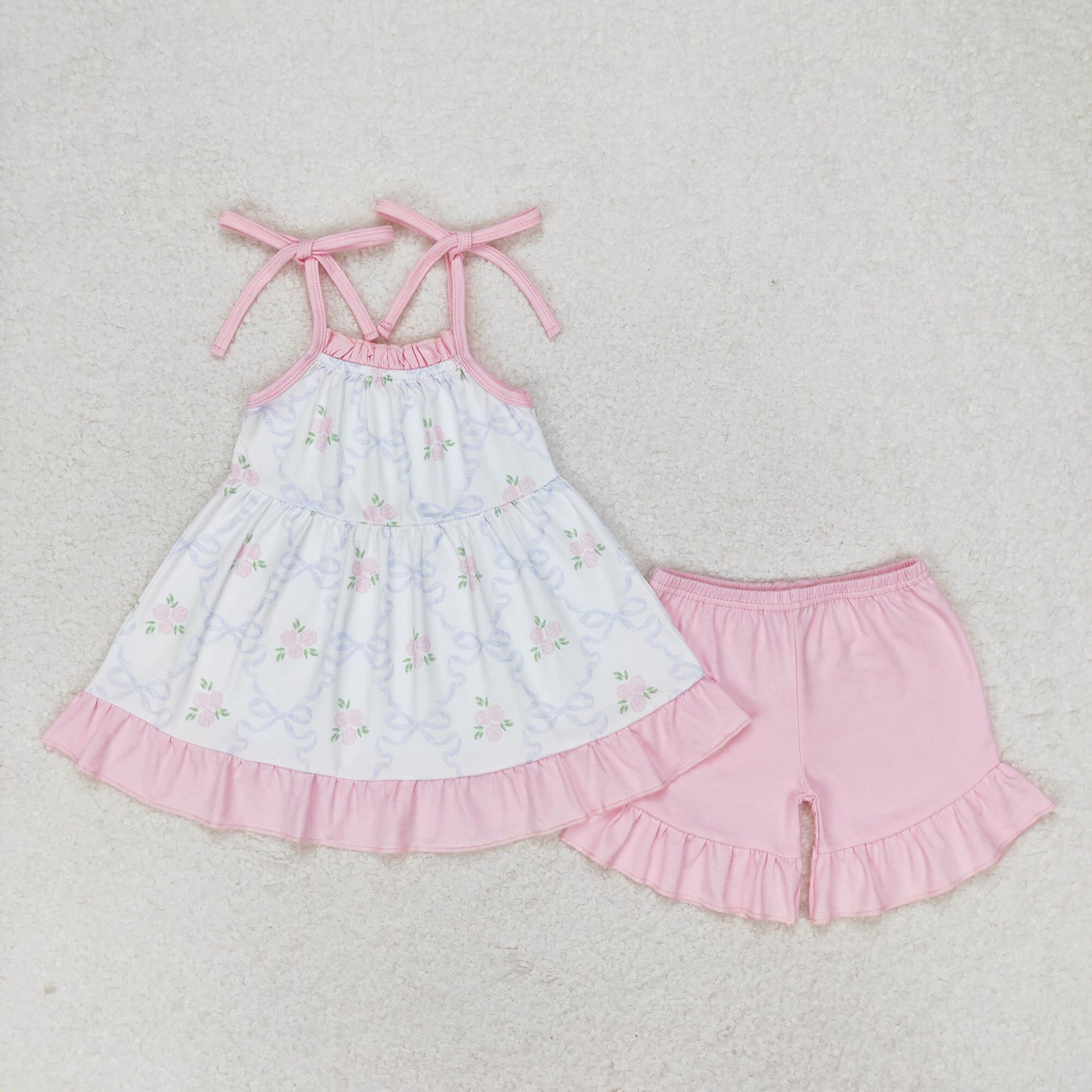 GSSO0725 White Flower Bow Sleeveless top Hot Pink shorts Girls boutique summer outfit 202501