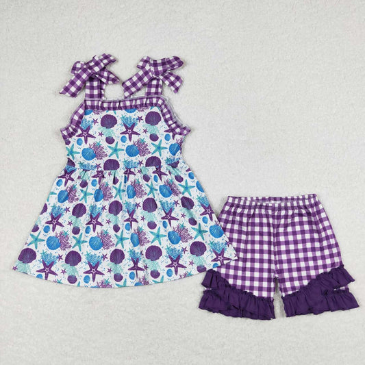 GSSO0727 Starfish Purple Plaid Ruffle Halter Shorts Girls Sets RTS 202508