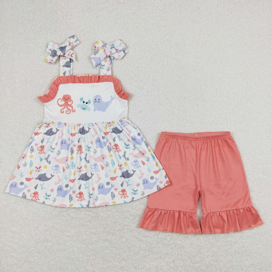 GSSO0729 Octopus Crab Seal Brick Red Ruffle Halter Shorts Girls Sets RTS 202508 Sibling