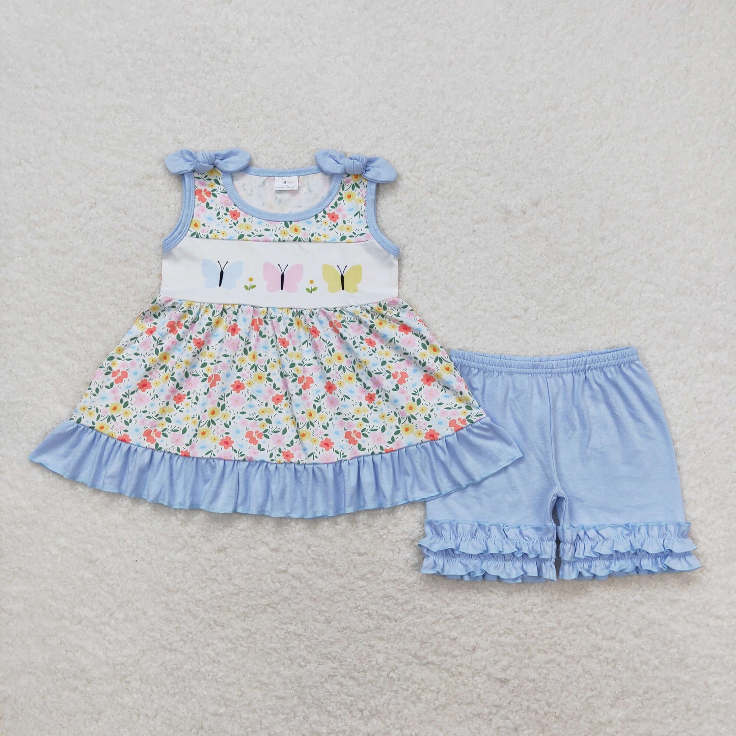 GSSO0732 Flower Butterfly Ruffle Blue Halter Shorts Girls Set RTS 202508