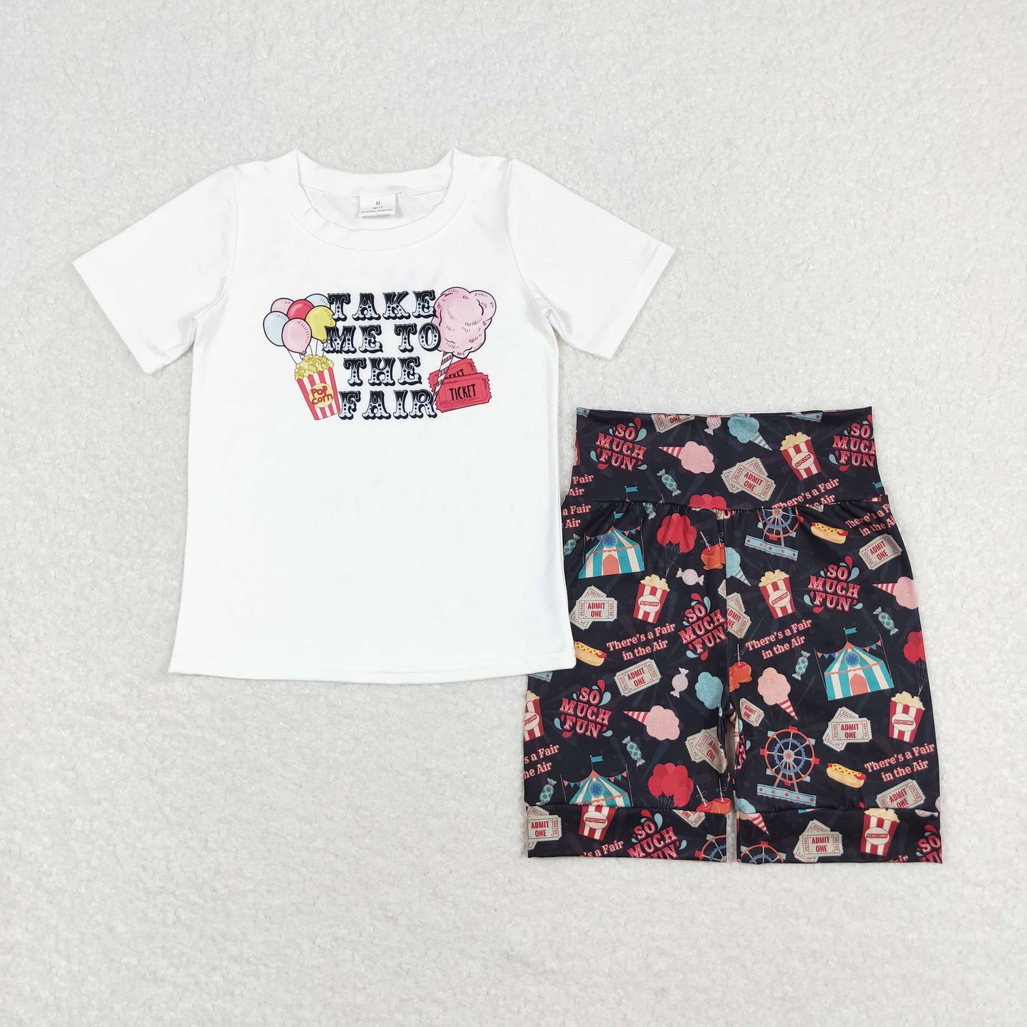 GSSO0735 take me to the fair. Balloon popcorn short sleeve circus black shorts suit baby girl clothing sets summer