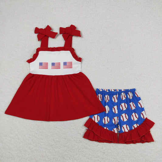 GSSO0736 4th of July baseball flag red blue ruffle sleeveless shorts girls clothing sets 202404