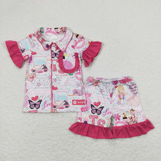 GSSO0737 Taylor Butterflies Rose Red Ruffle Short Sleeve Shorts Girls Pajamas  Sets RTS 202508
