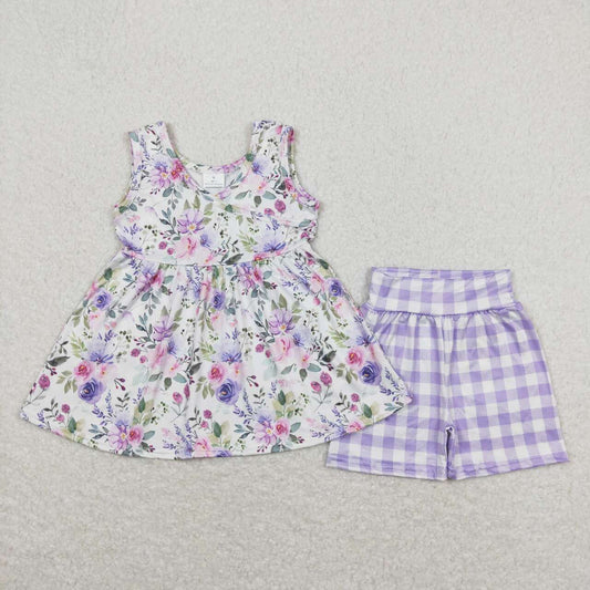 GSSO0742 Purple White Flower sleeveless top Plaid shorts high quality girls clothing sets summer RTS 202501