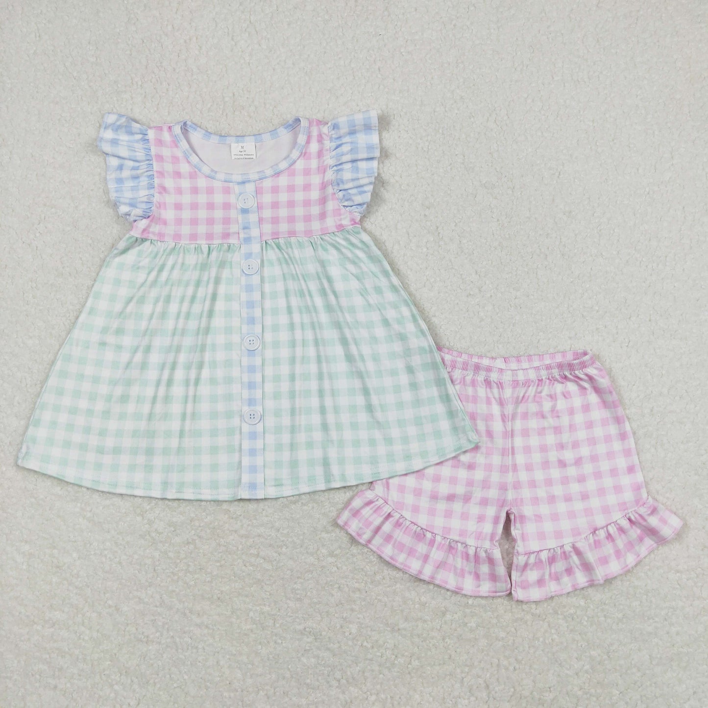 GSSO0744 Colored Plaid Flying Sleeve Pink Shorts Girls Sets RTS 202508