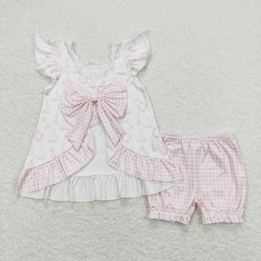 GSSO0748 Swimming Ring Sailboat Pink White Plaid Bows Flying Sleeve Backless Top Shorts Girls Sets RTS 202508