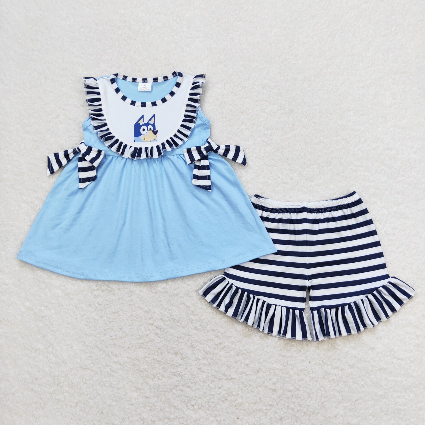 GSSO0751 Cartoon Bluey Stripe Bows Ruffle Blue Sleeveless Shorts Girls Set RTS 202509