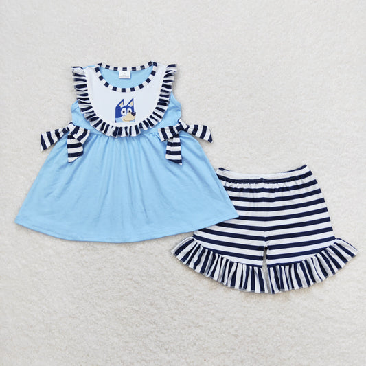 GSSO0751 Cartoon Bluey Stripe Bows Ruffle Blue Sleeveless Shorts Girls Set RTS 202509