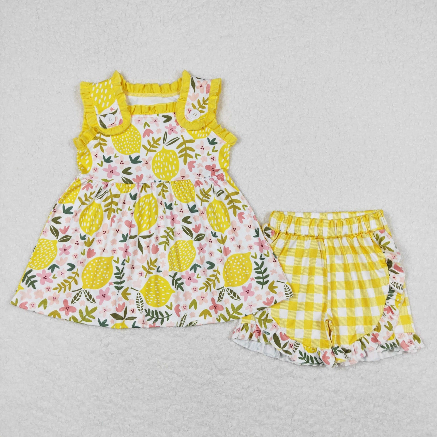 GSSO0752 flower lemon yellow plaid ruffle sleeveless shorts sets girls boutique outfit 20240408 RTS