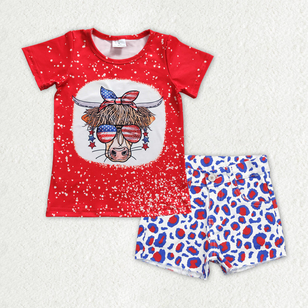 GSSO0757 4th of July cow pattern red short-sleeved red blue leopard denim shorts girls sets RTS 202507