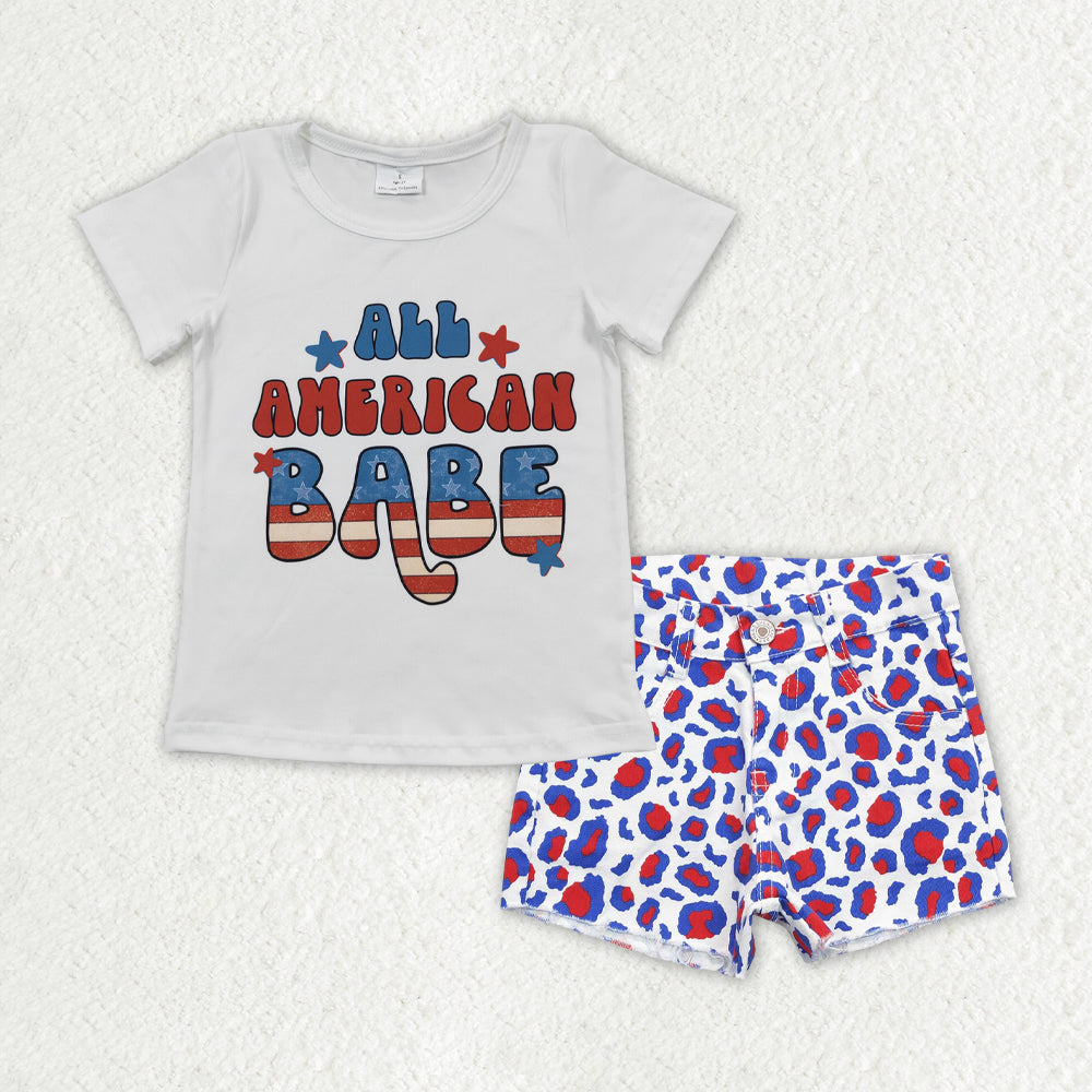 GSSO0757 4th of July American Babe white short-sleeved red blue leopard denim shorts girls sets RTS 202507