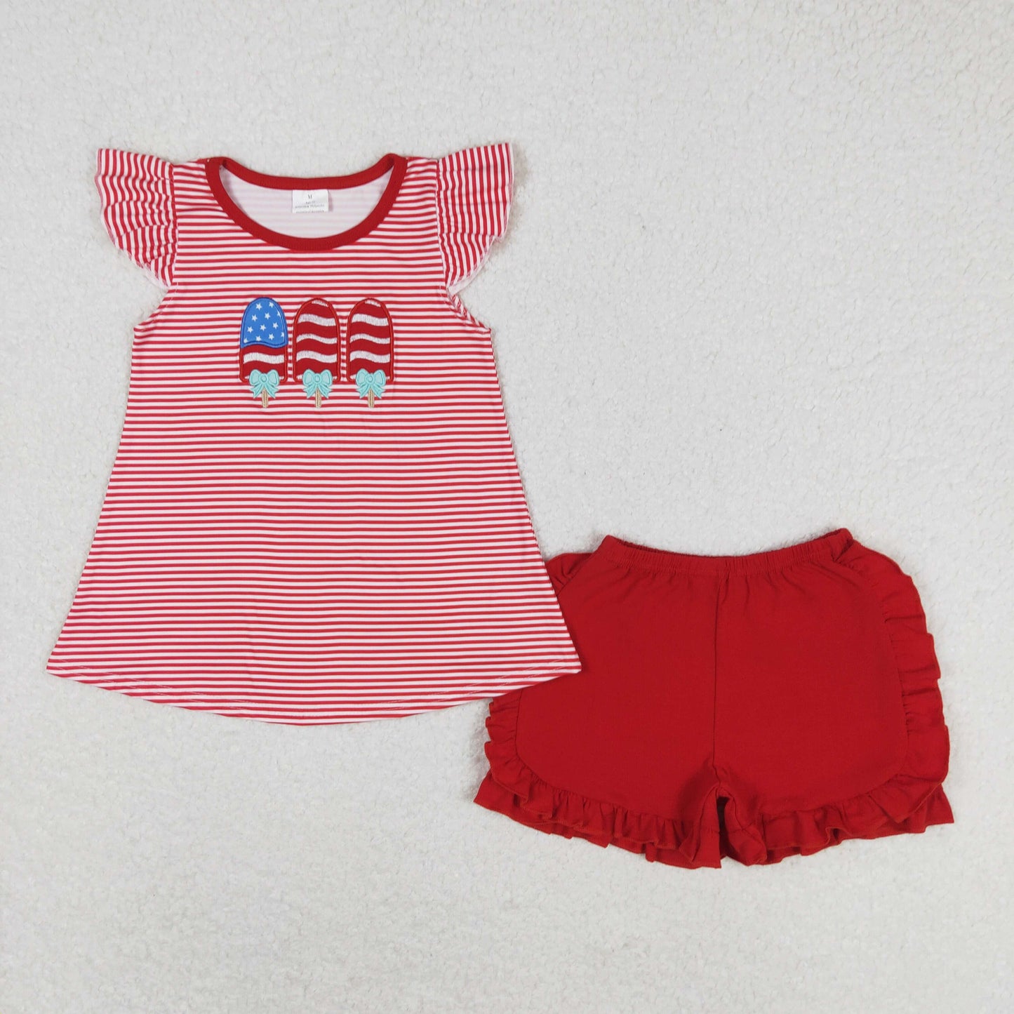 GSSO0759 Embroidered bow Star stripe Ice cream striped flying sleeve Red shorts set high quality wholesale girls clothing sets