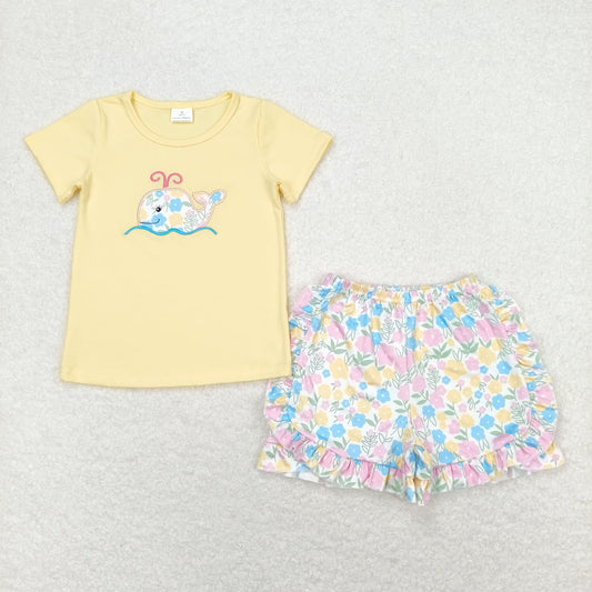GSSO0765 Embroidered flowers Whale yellow short sleeve shorts set high quality girls clothing sets
