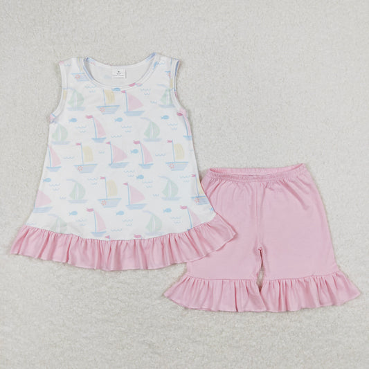 GSSO0766 Sailboat White Sleeveless Pink Ruffle Shorts Girls Sets RTS 202508 Sibling